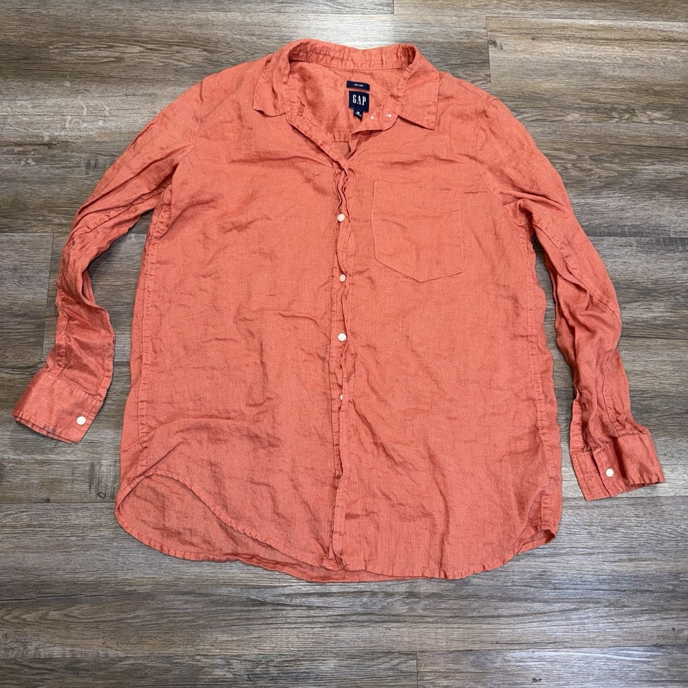 GAP Coral Pink 100% Linen Boyfriend Shirt Womens M Relaxed Fit Single Pocket